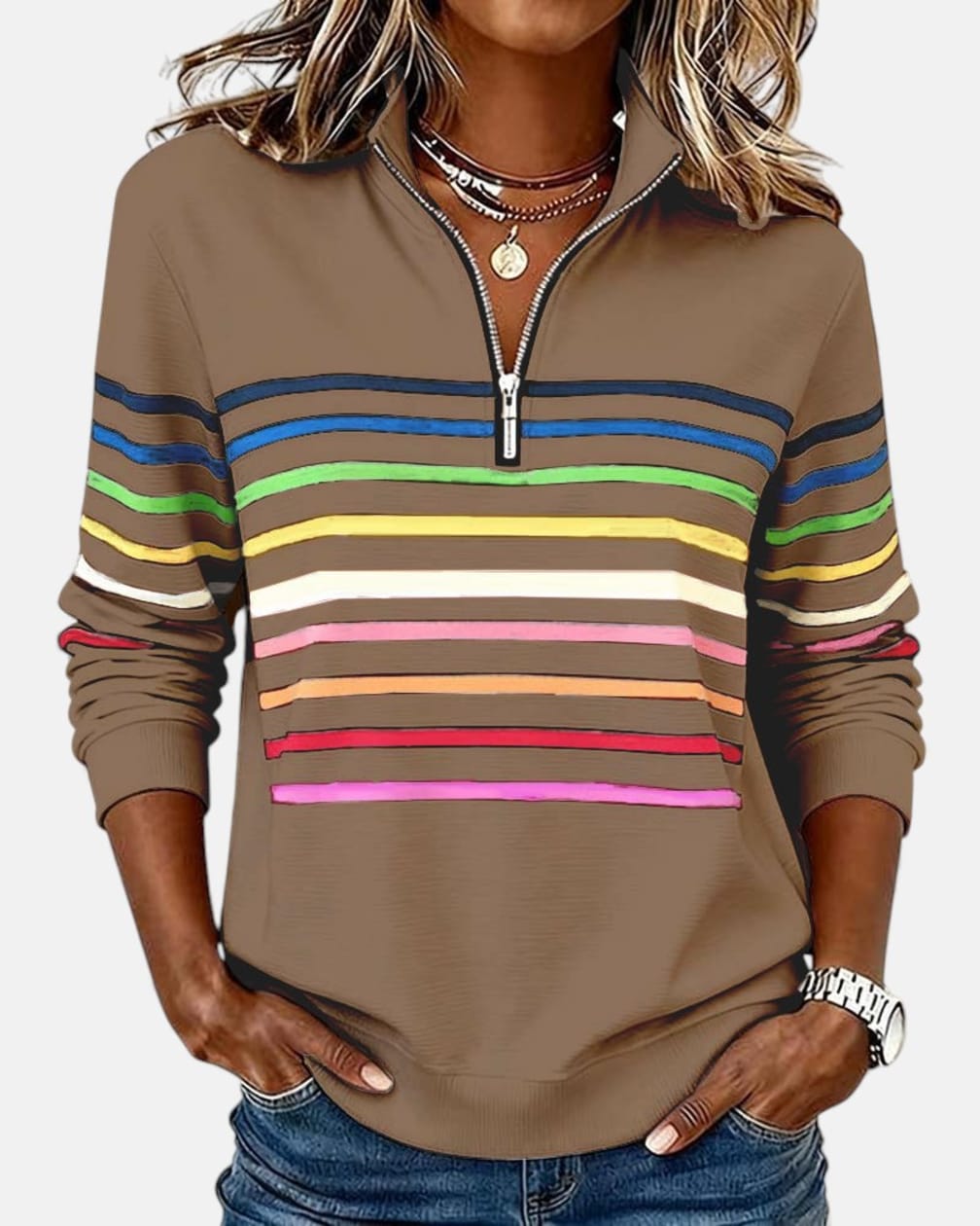 Women's Rainbow-Stripe Half-Zip Sweatshirt with Stand Collar - Hildegard - Mocha
