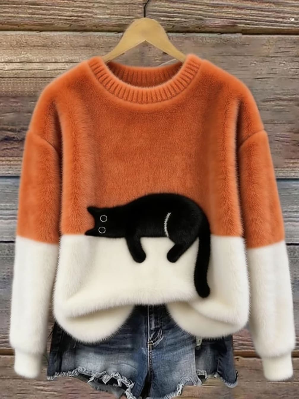 Women's Crew-Neck Jumper with Sleeping Cat Design and Two-Tone Body - Merryn - Burnt Orange