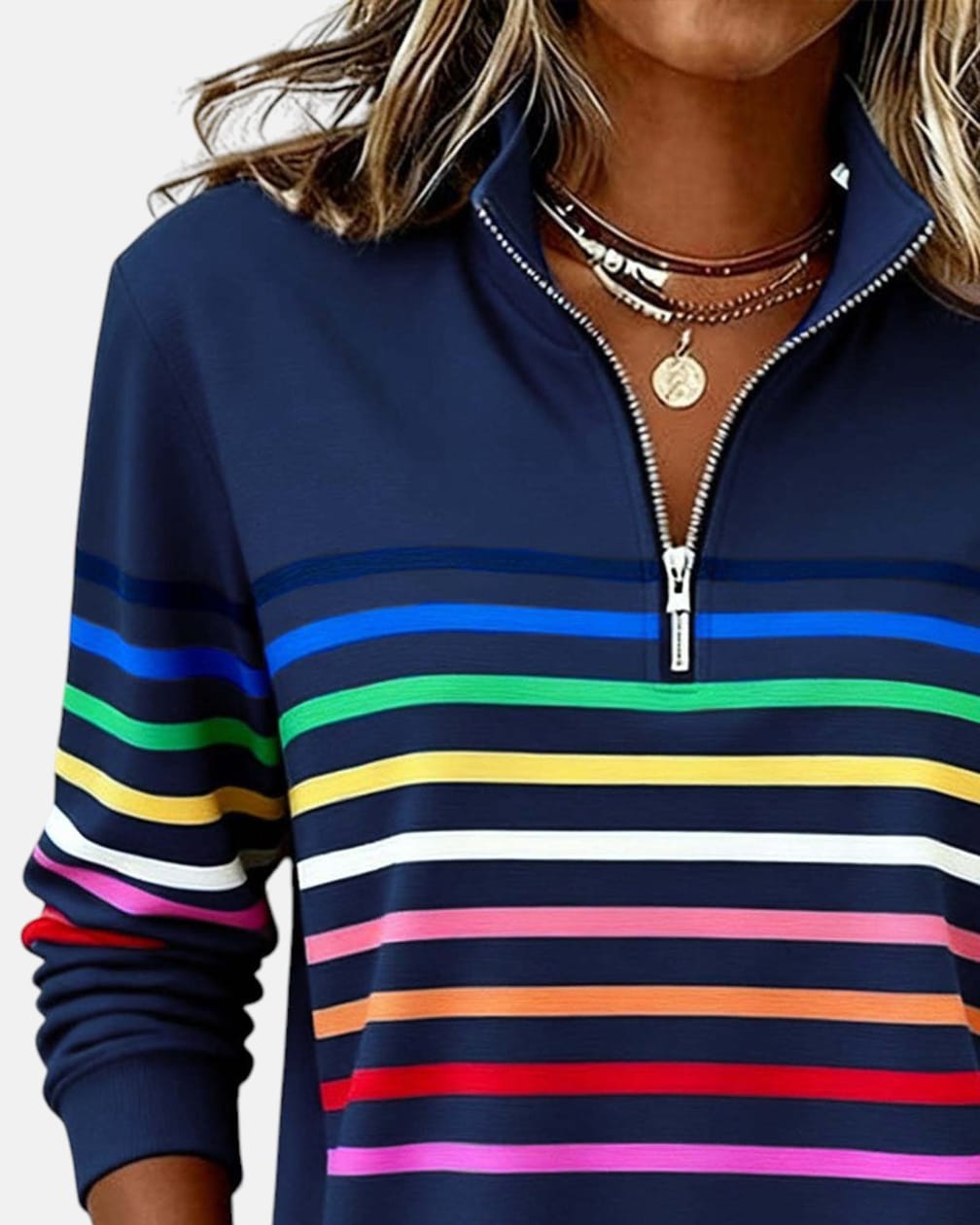Women's Rainbow-Stripe Half-Zip Sweatshirt with Stand Collar - Hildegard - Grey