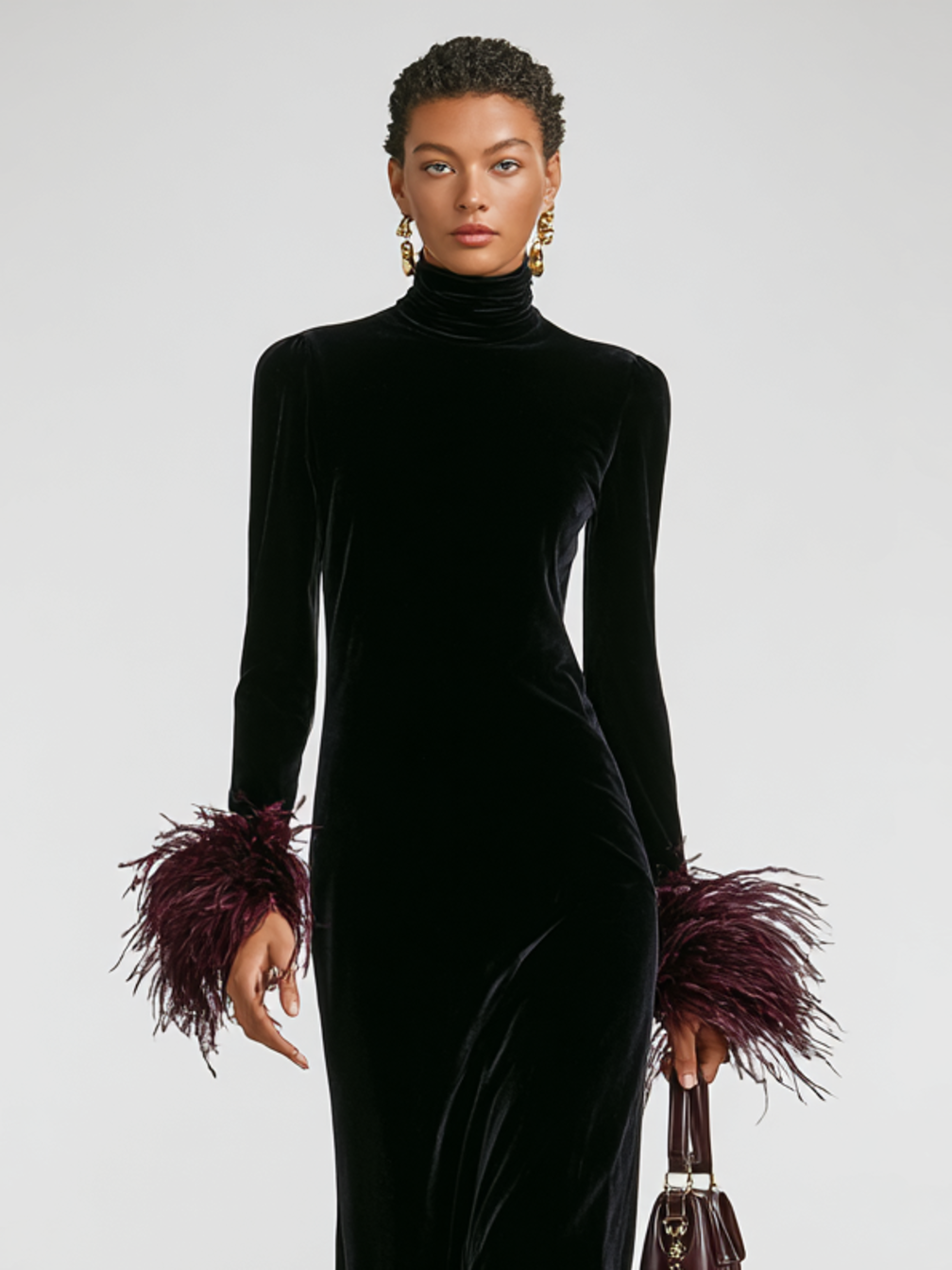 Women's Long-Sleeve Turtleneck Maxi Dress with Feather-Style Cuffs and Hem - Perrine - Black
