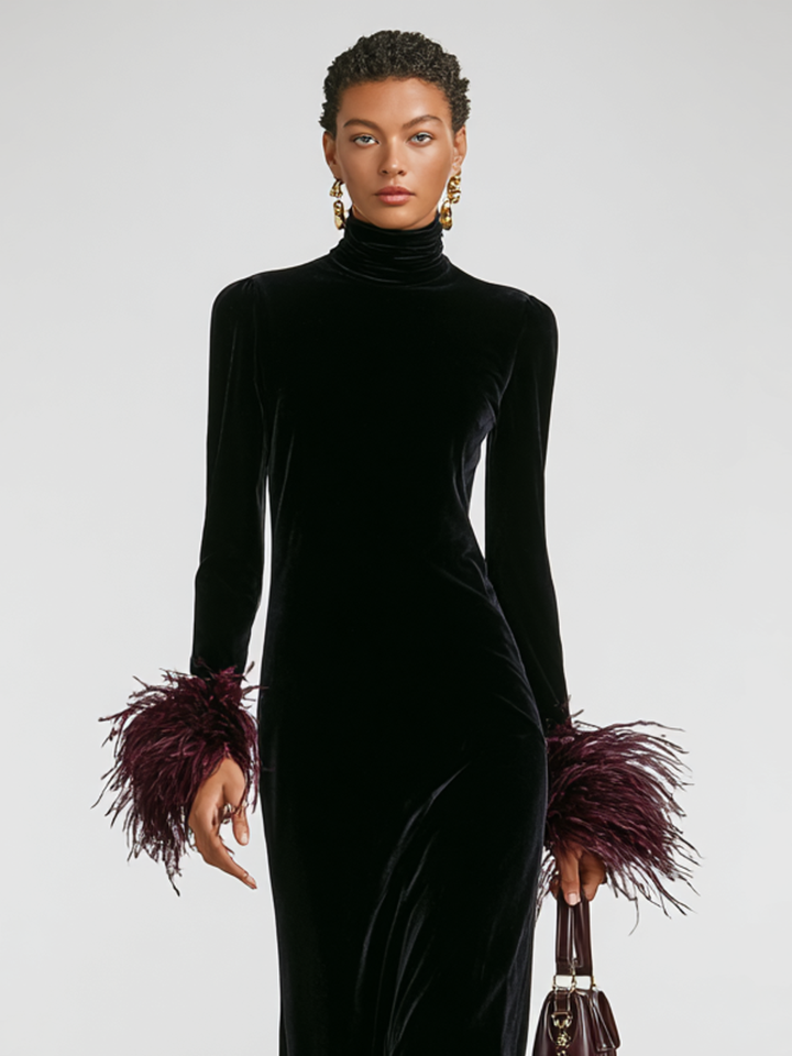 Women's Long-Sleeve Turtleneck Maxi Dress with Feather-Style Cuffs and Hem - Perrine - Black