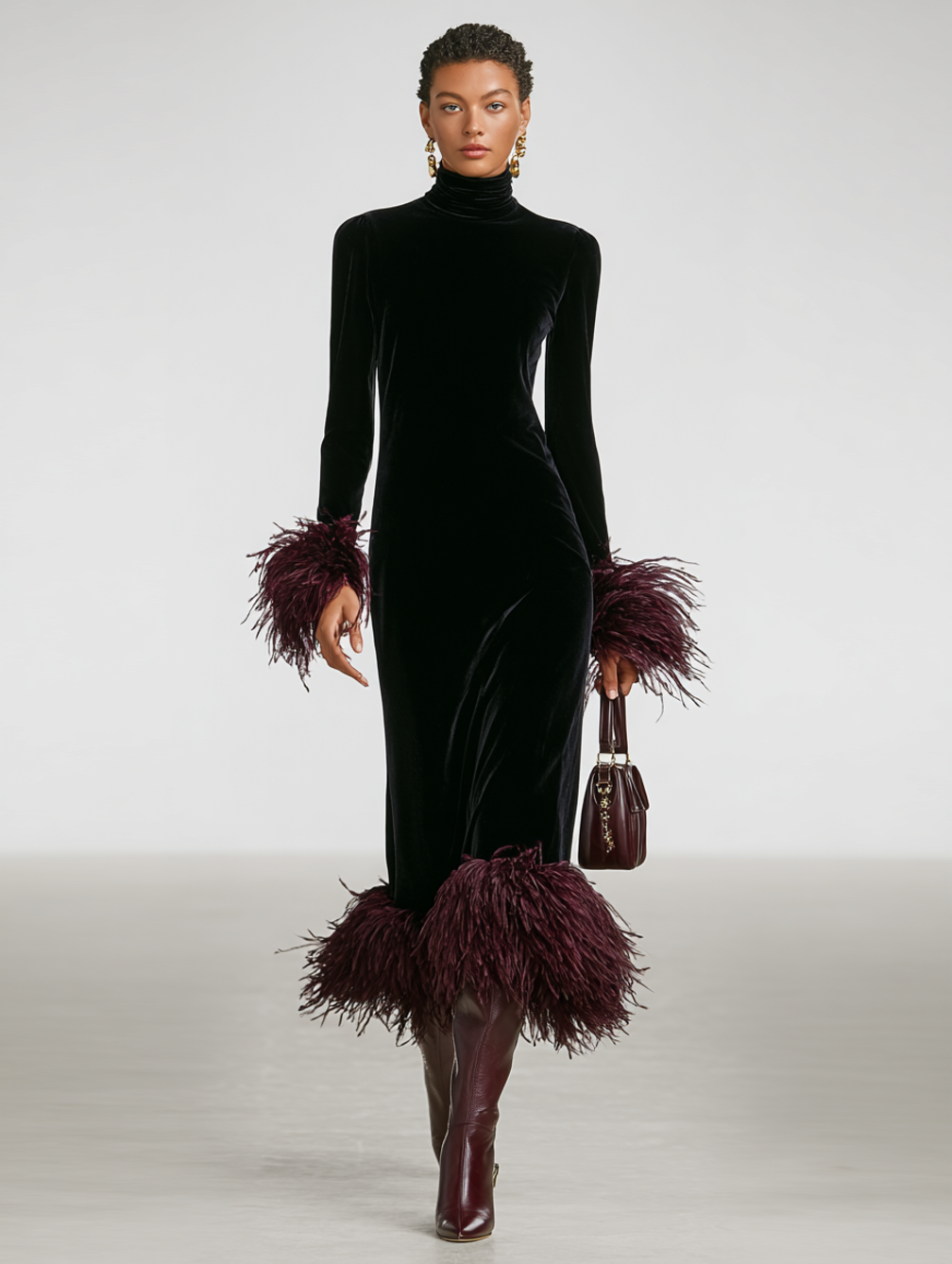 Women's Long-Sleeve Turtleneck Maxi Dress with Feather-Style Cuffs and Hem - Perrine - Black