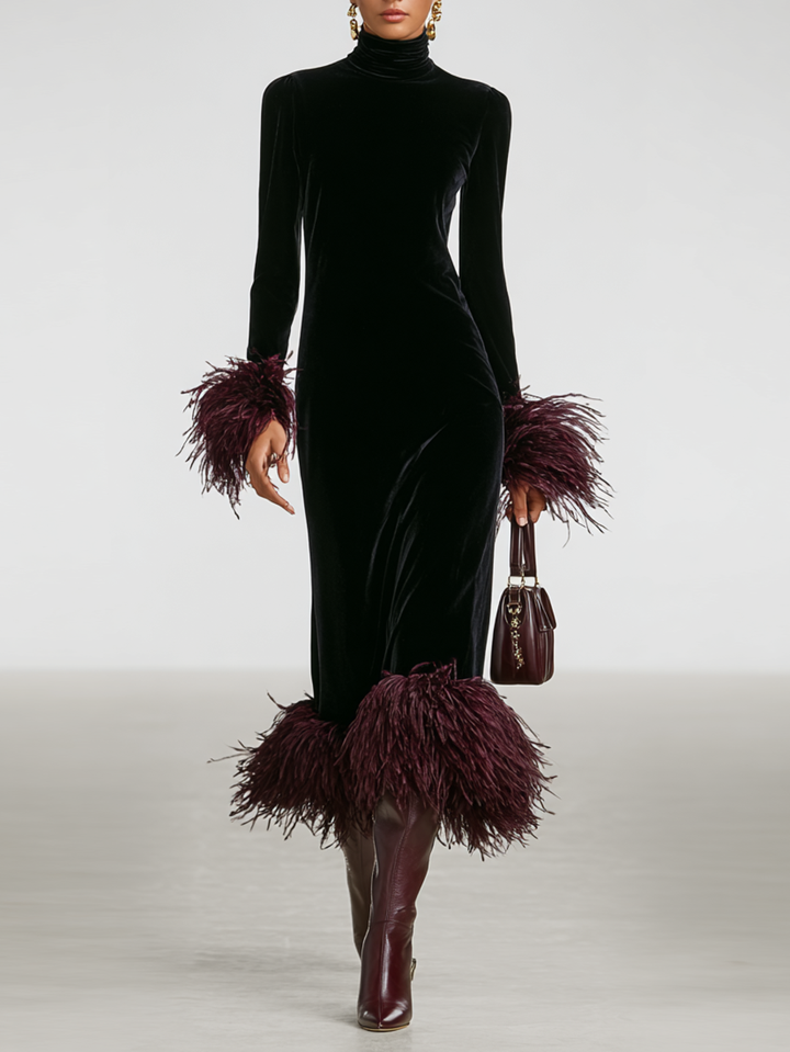 Women's Long-Sleeve Turtleneck Maxi Dress with Feather-Style Cuffs and Hem - Perrine - Black