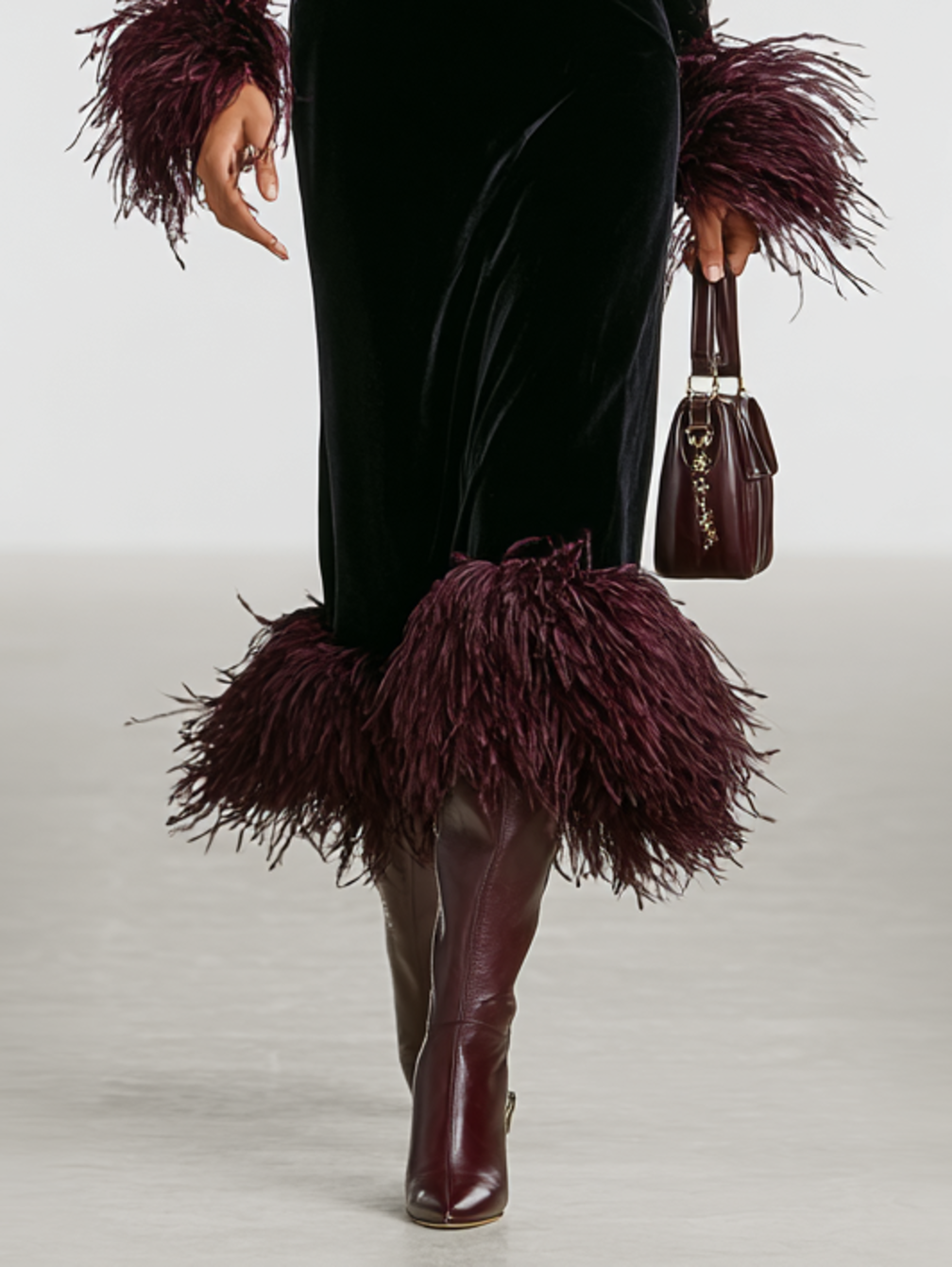 Women's Long-Sleeve Turtleneck Maxi Dress with Feather-Style Cuffs and Hem - Perrine - Black