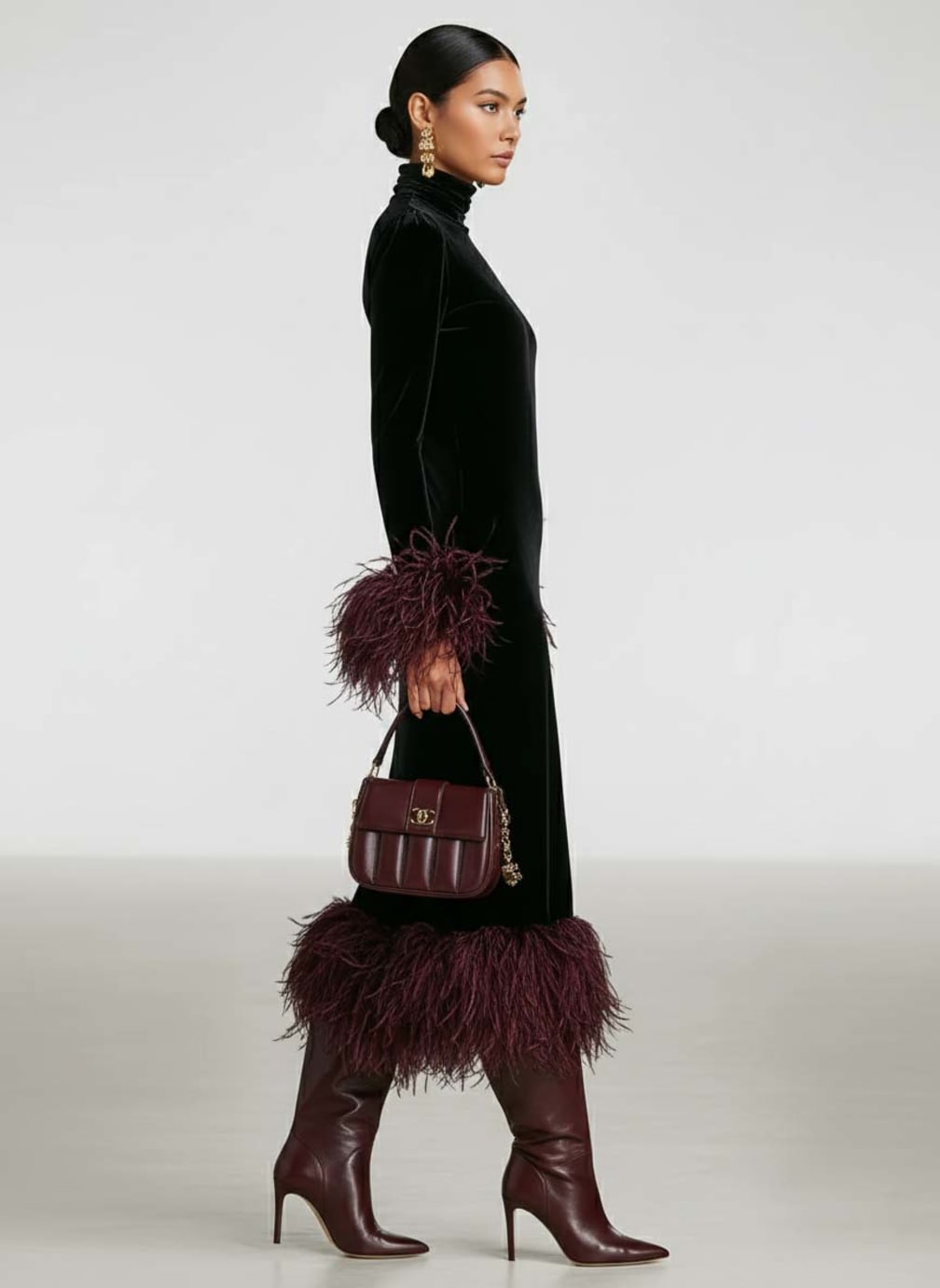 Women's Long-Sleeve Turtleneck Maxi Dress with Feather-Style Cuffs and Hem - Perrine - Black