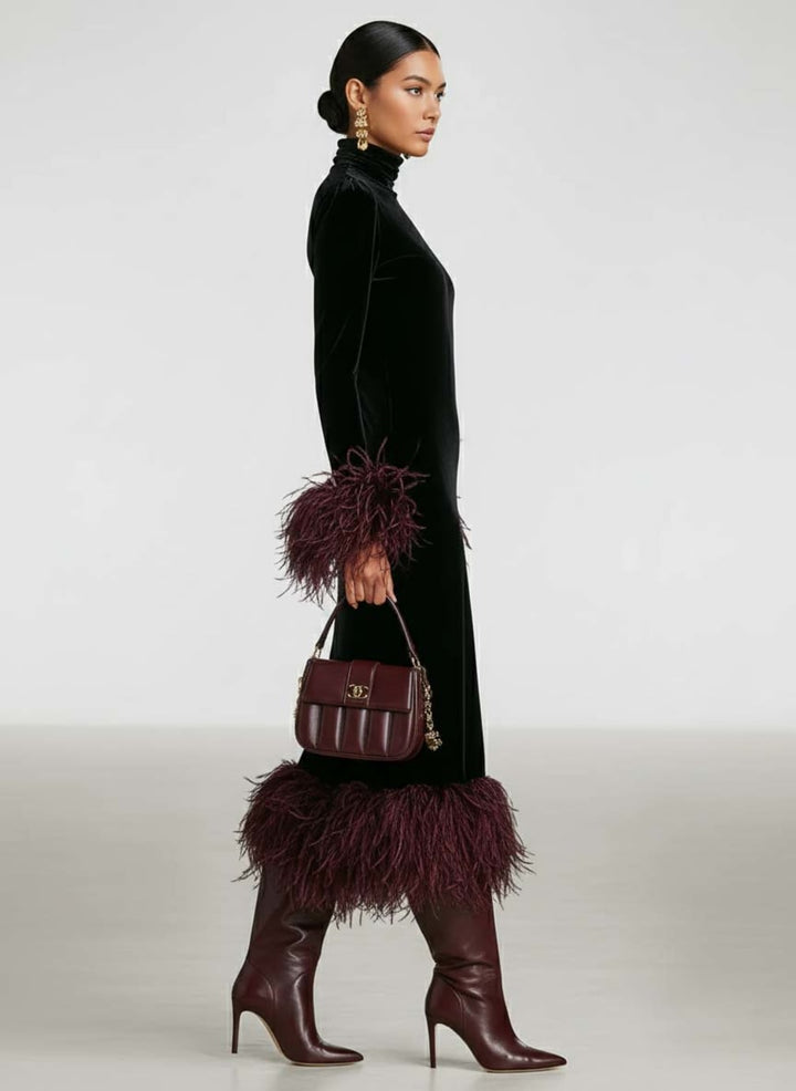 Women's Long-Sleeve Turtleneck Maxi Dress with Feather-Style Cuffs and Hem - Perrine - Black