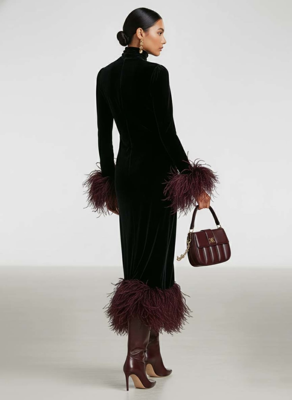 Women's Long-Sleeve Turtleneck Maxi Dress with Feather-Style Cuffs and Hem - Perrine - Black
