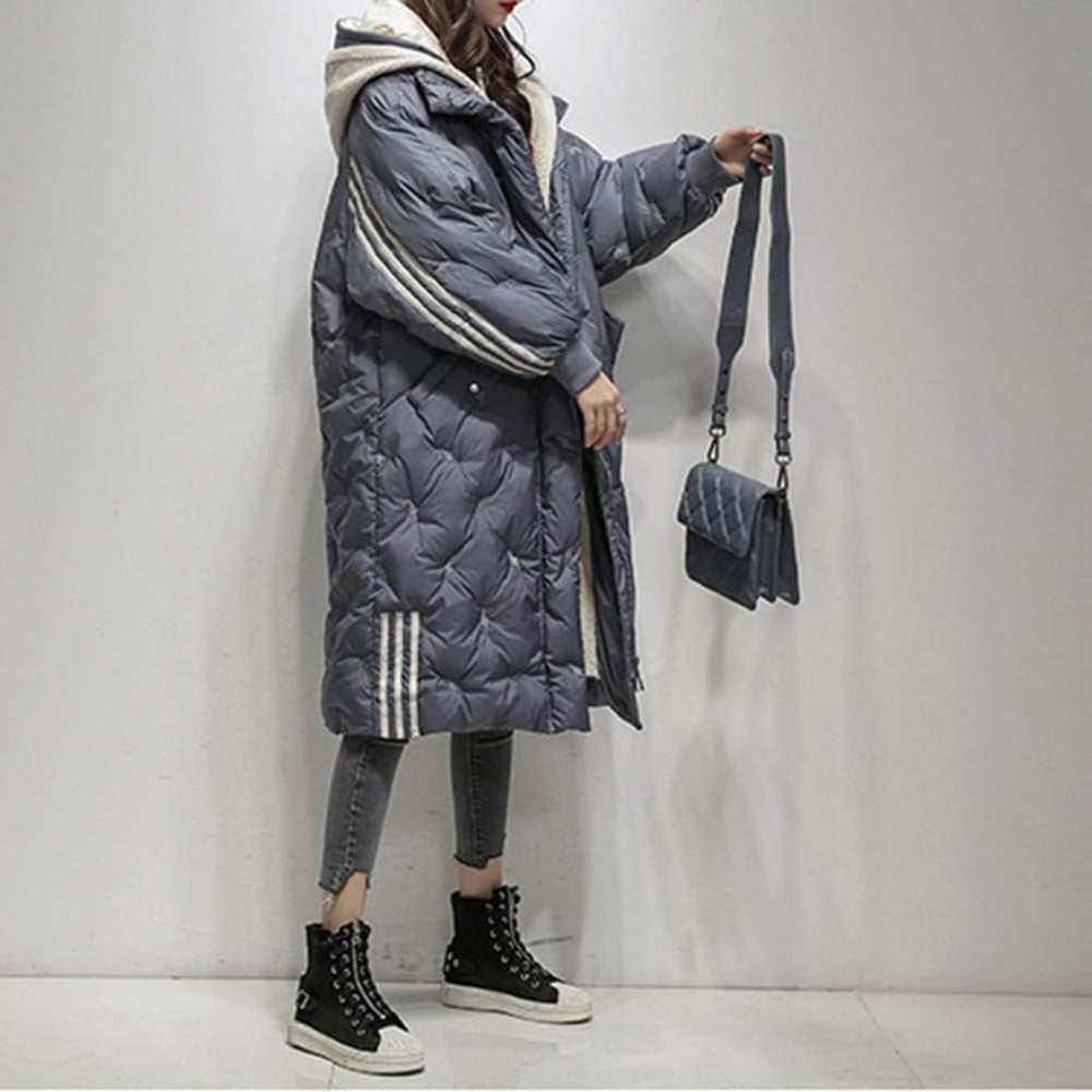 Women's Long Hooded Quilted Coat with Contrast Sleeve Stripes and Zip Front - Cassandra - Slate Blue