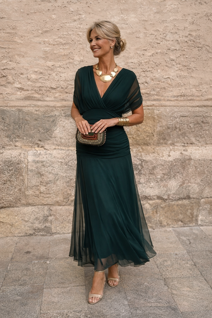 Women's Floaty Ankle-Length Party Dress with Draped Gathered Bodice - Lavinia - Forest Green