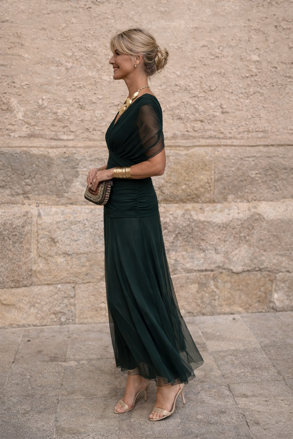 Women's Floaty Ankle-Length Party Dress with Draped Gathered Bodice - Lavinia - Forest Green