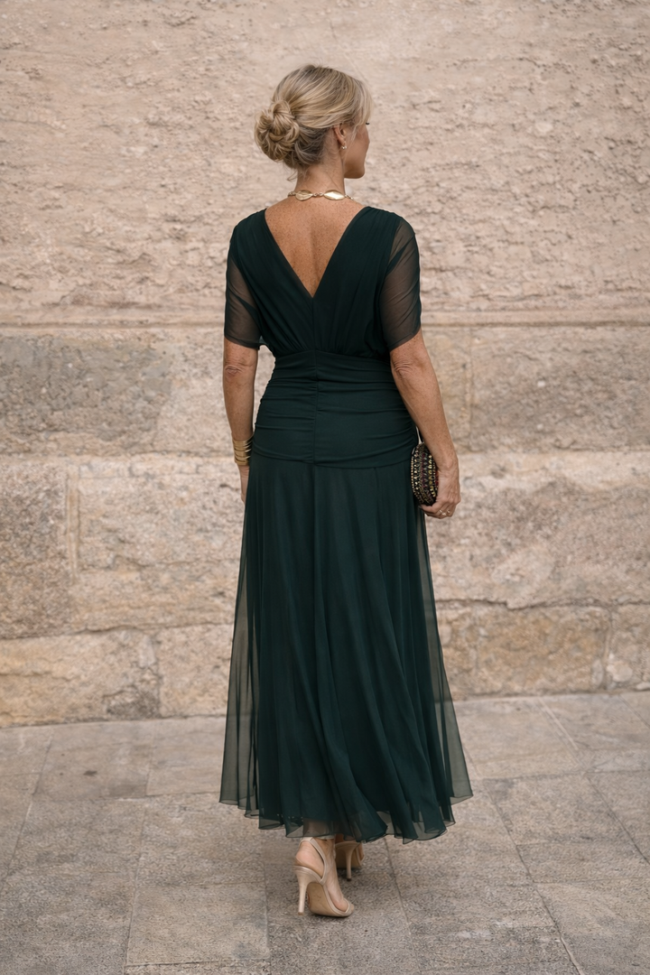 Women's Floaty Ankle-Length Party Dress with Draped Gathered Bodice - Lavinia - Forest Green