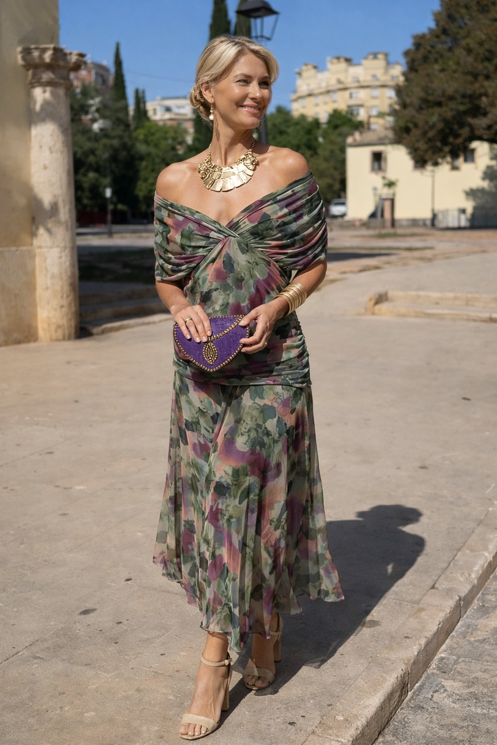 Women's Floaty Ankle-Length Party Dress with Draped Gathered Bodice - Lavinia - Sage Floral