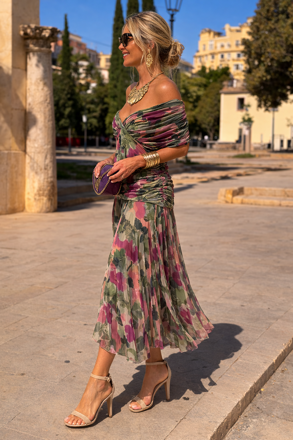 Women's Floaty Ankle-Length Party Dress with Draped Gathered Bodice - Lavinia - Forest Green
