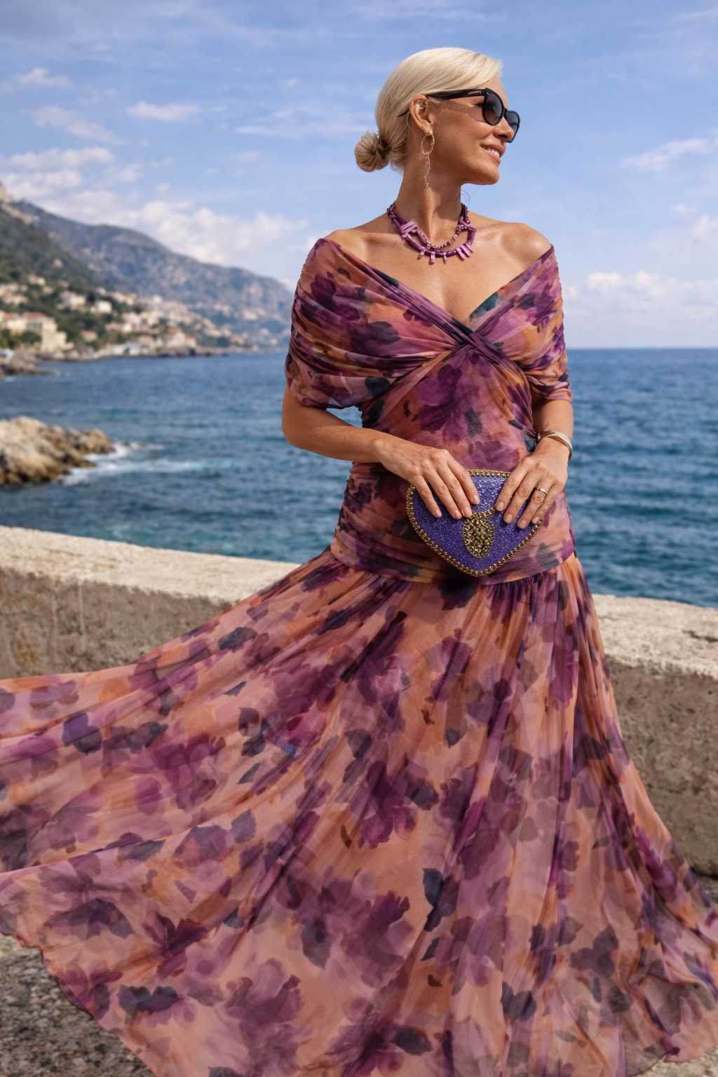 Women's Floaty Ankle-Length Party Dress with Draped Gathered Bodice - Lavinia - Plum Floral