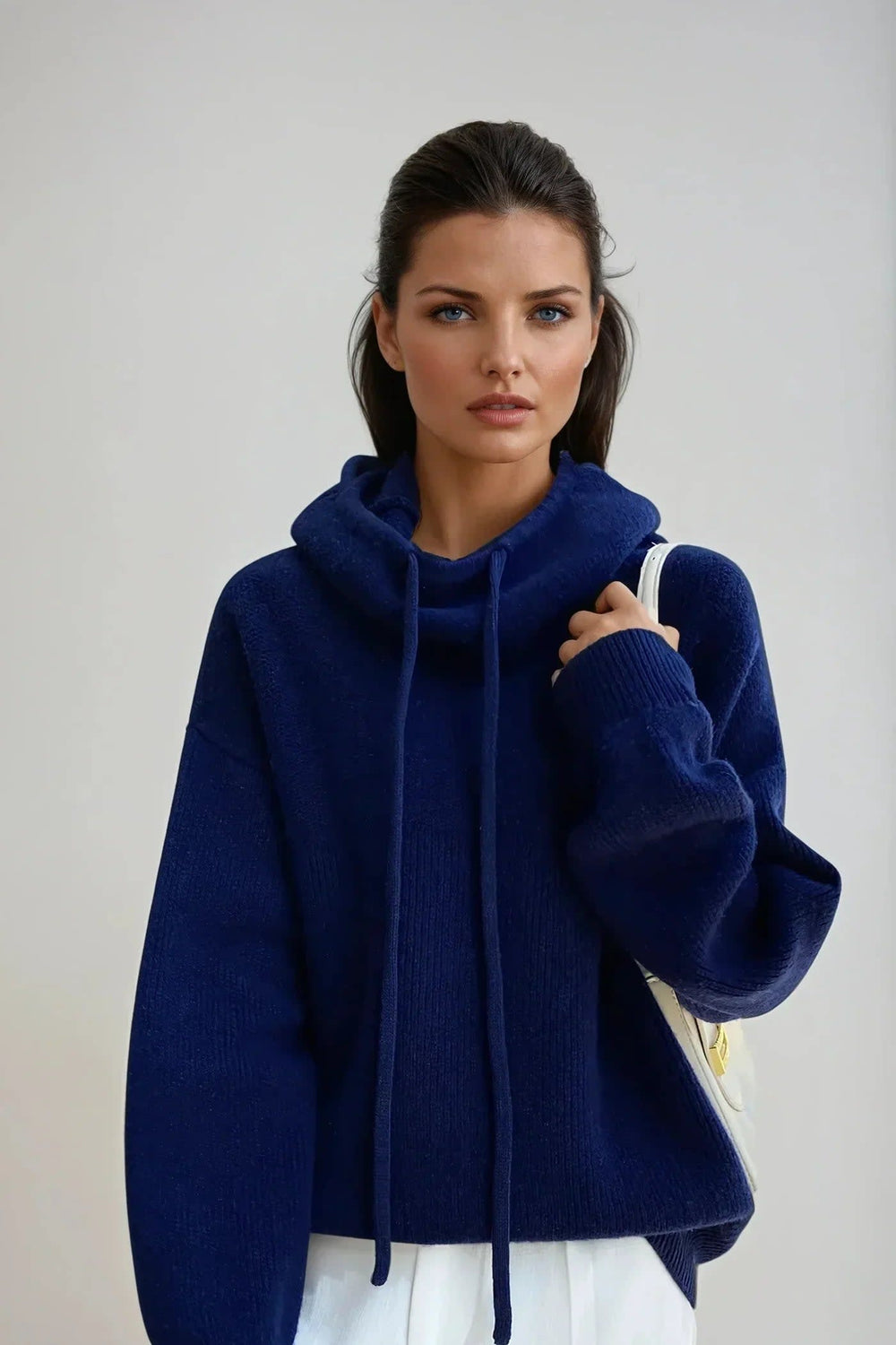 Women's Oversized Cowl-Neck Sweater with Drawstring and Dropped Shoulders - Perpetua - Navy