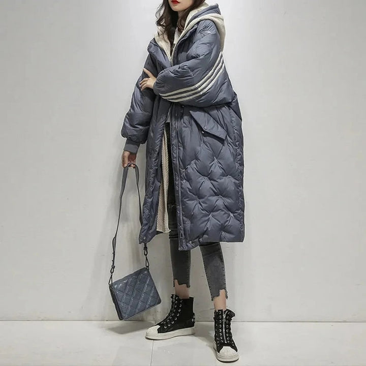 Women's Long Hooded Quilted Coat with Contrast Sleeve Stripes and Zip Front - Cassandra - Slate Blue