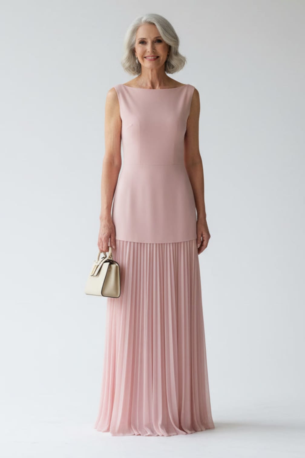 Women's Sleeveless Boat-Neck Top and Pleated Skirt Set with Ankle-Length Hem - Blanche - Blush Pink