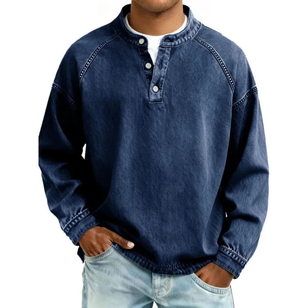 Men's Long Sleeve Button Henley Shirt - Sebastian - Dark Blue
