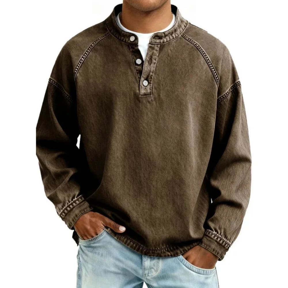 Men's Long Sleeve Button Henley Shirt - Sebastian - Dark Brown