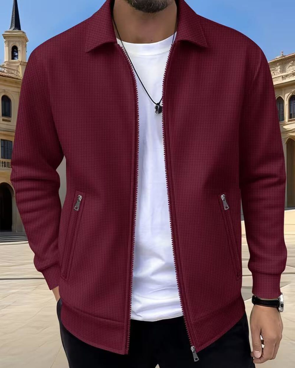 Men's Textured Zip-Up Athletic Jacket - Flynn - Burgundy