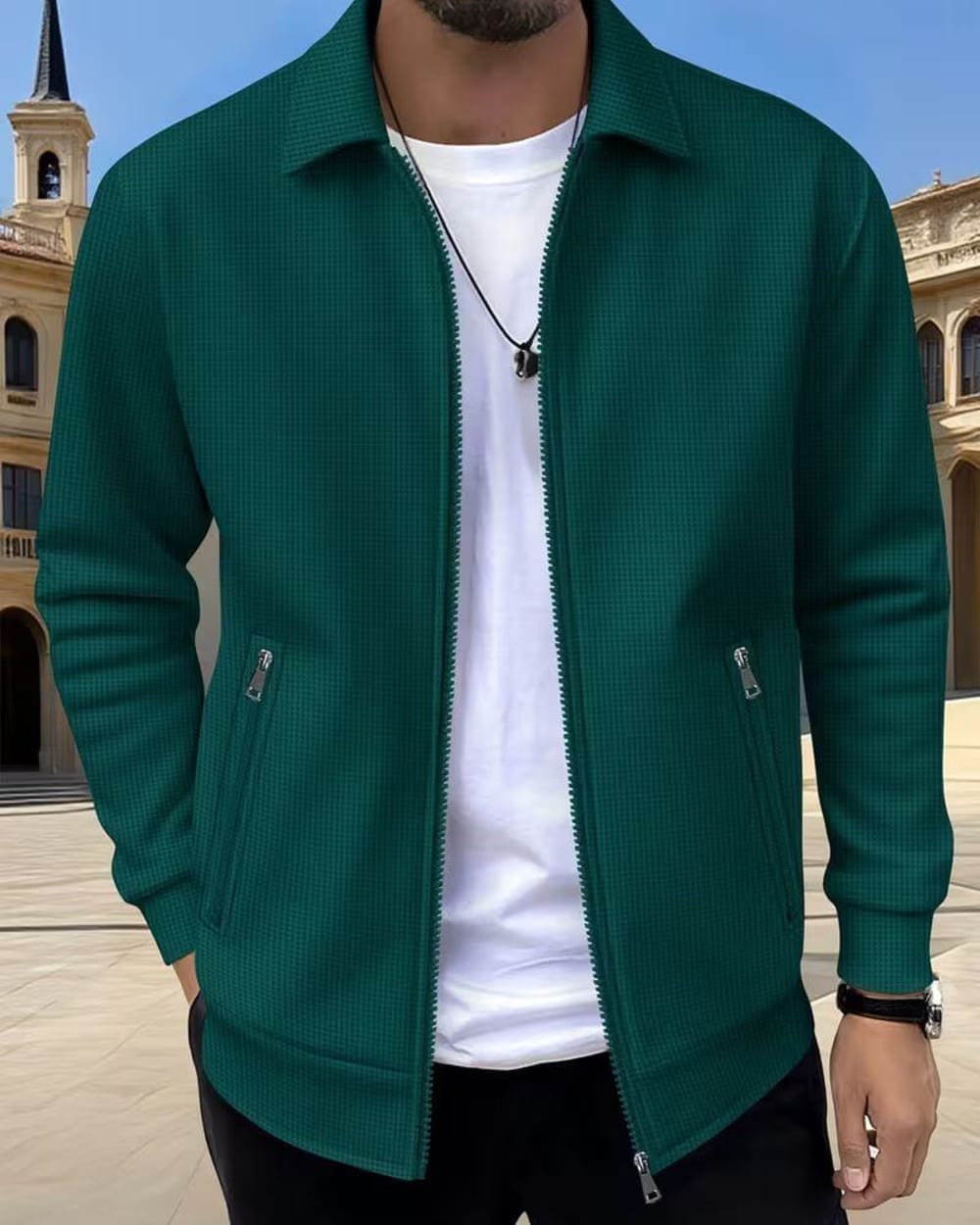Men's Textured Zip-Up Athletic Jacket - Flynn - Dark Green