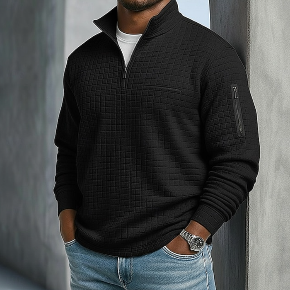 Men's Waffle Knit Quarter-Zip Jumper - Milo - Black