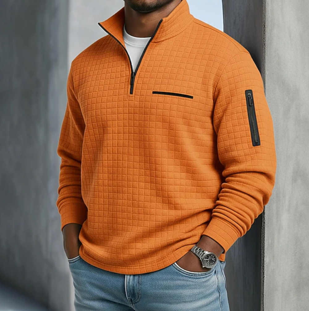 Men's Waffle Knit Quarter-Zip Jumper - Milo - Orange