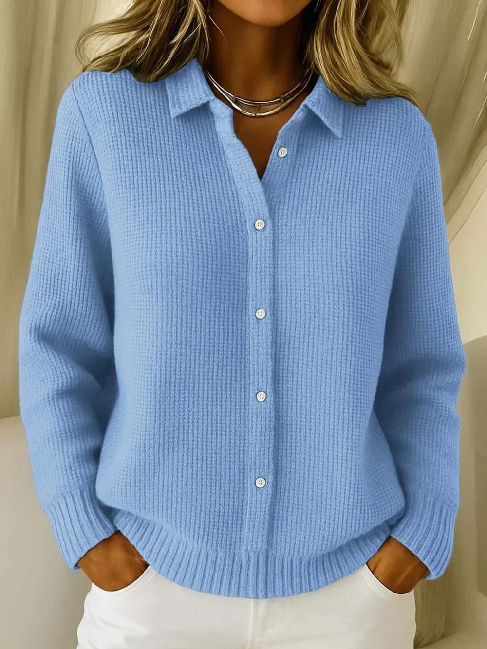 Women's Waffle Knit Button Cardigan - Freya - Blue