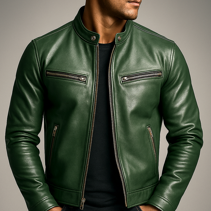 Men's Stand Collar Zip Biker Jacket - Quillan - Forest Green