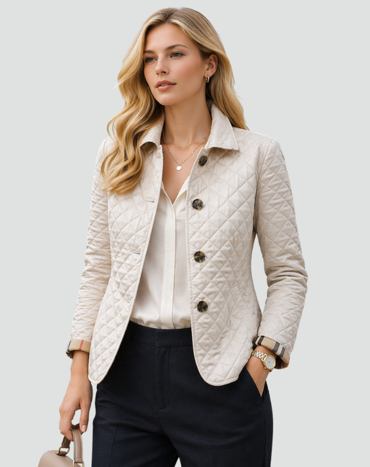 Women's Diamond Quilted Button-Front Jacket with Collar - Eleanora - Ivory