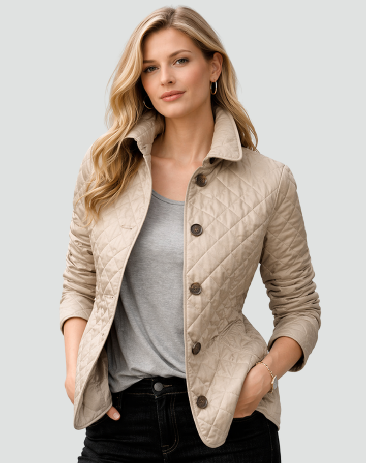 Women's Diamond Quilted Button-Front Jacket with Collar - Eleanora - Stone