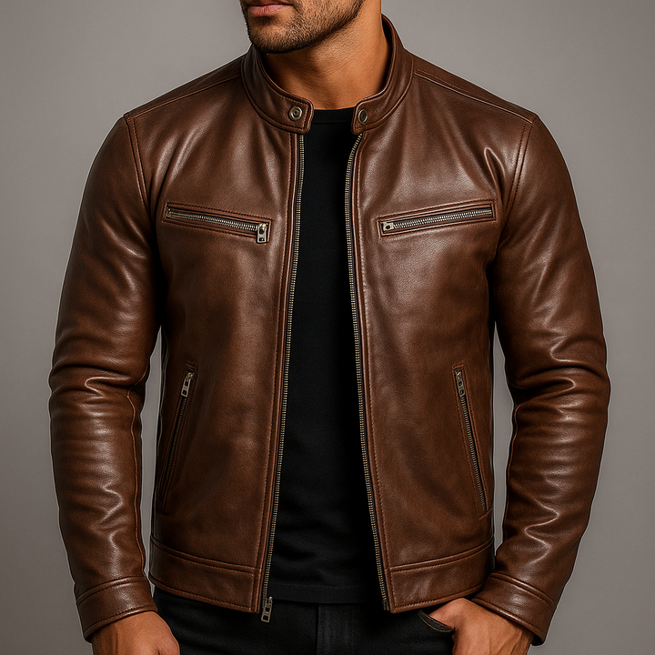 Men's Stand Collar Zip Biker Jacket - Quillan - Brown