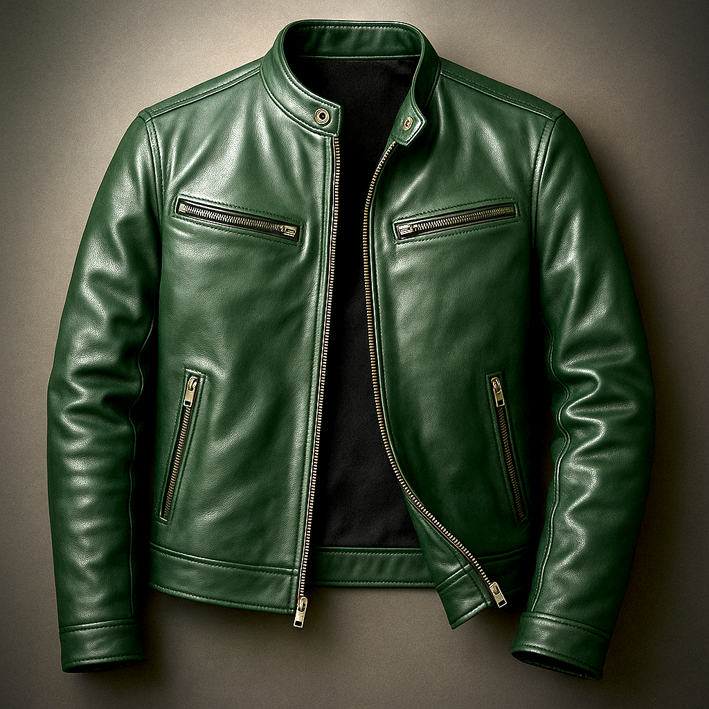 Men's Stand Collar Zip Biker Jacket - Quillan - Forest Green