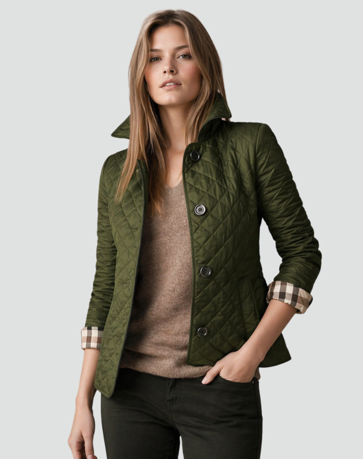 Women's Diamond Quilted Button-Front Jacket with Collar - Eleanora - Olive Green
