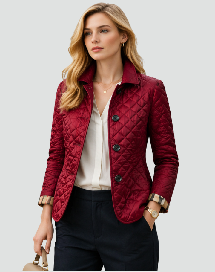 Women's Diamond Quilted Button-Front Jacket with Collar - Eleanora - Burgundy