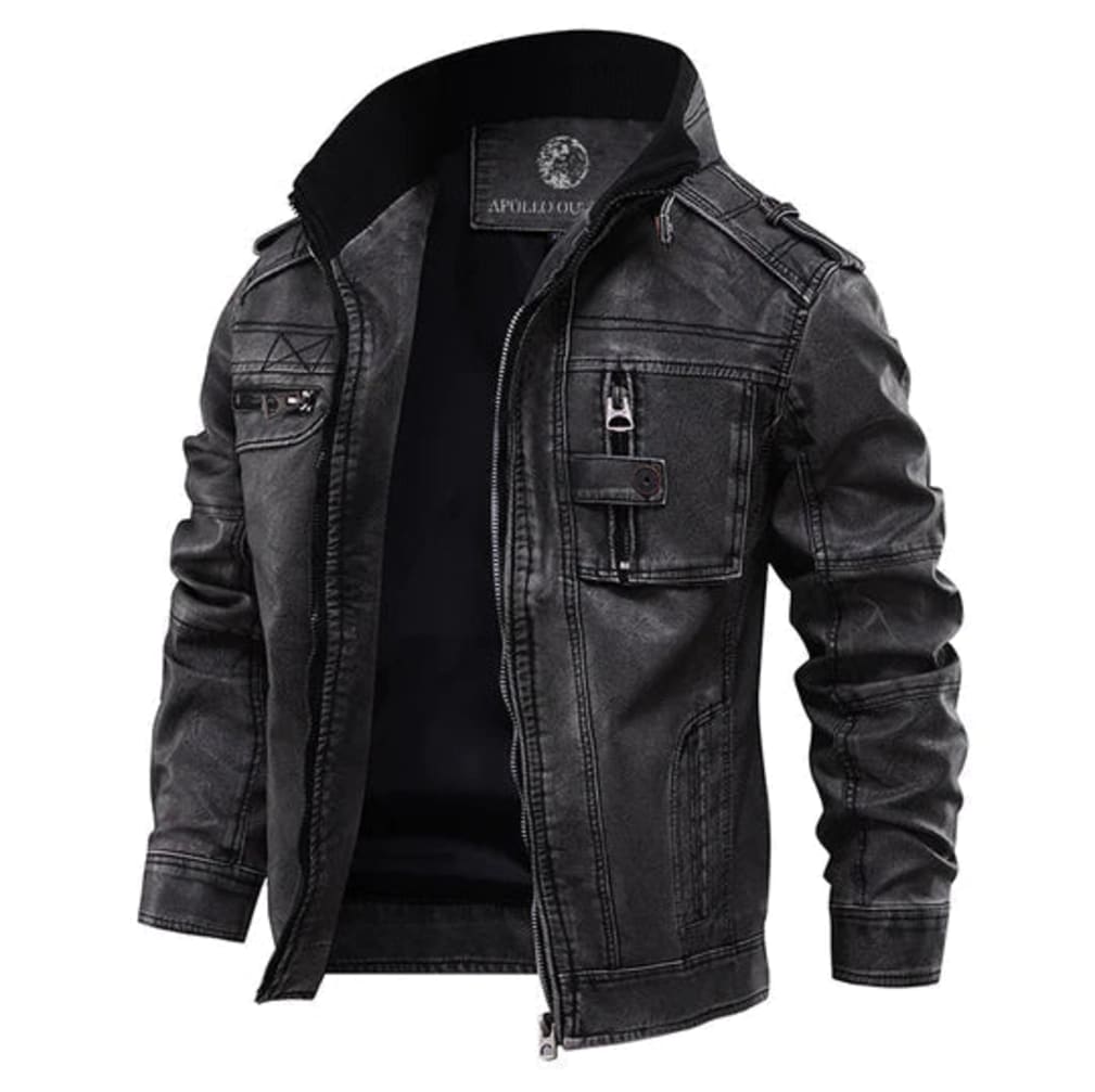 Men's Distressed Biker Jacket with Epaulettes and Knit Collar - Valentin - Black