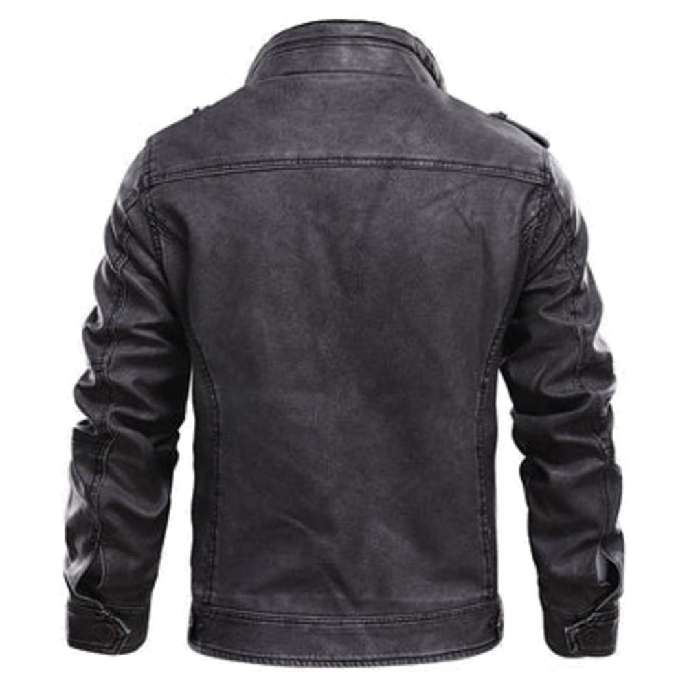 Men's Distressed Biker Jacket with Epaulettes and Knit Collar - Valentin - Black