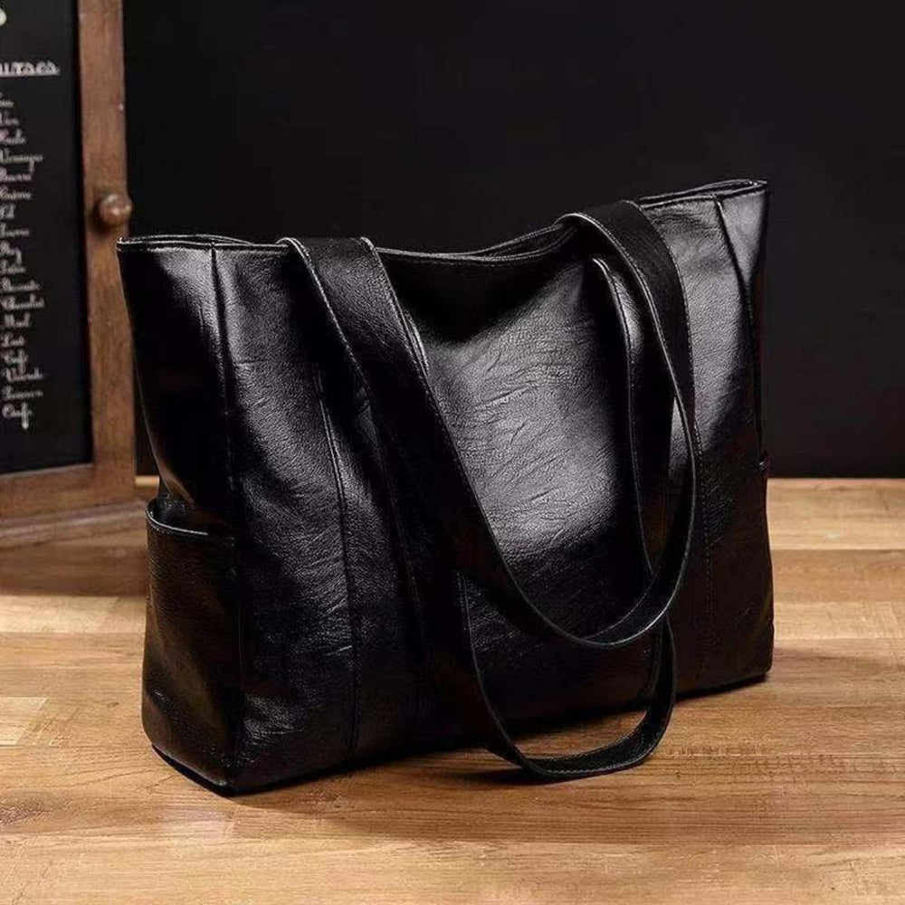 Women's Large Open-Top Handbag with Twin Handles and Side Pockets - Rosetta - Black
