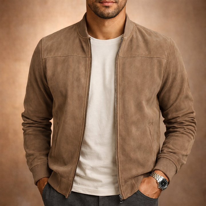 Men's Zip-Up Bomber Jacket with Ribbed Collar and Hem - Fitzroy - Taupe