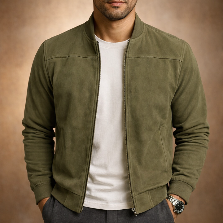 Men's Zip-Up Bomber Jacket with Ribbed Collar and Hem - Fitzroy - Olive