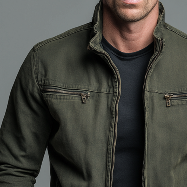 Men's Stand Collar Zip Jacket with Chest Pockets - Octavian - Olive Green