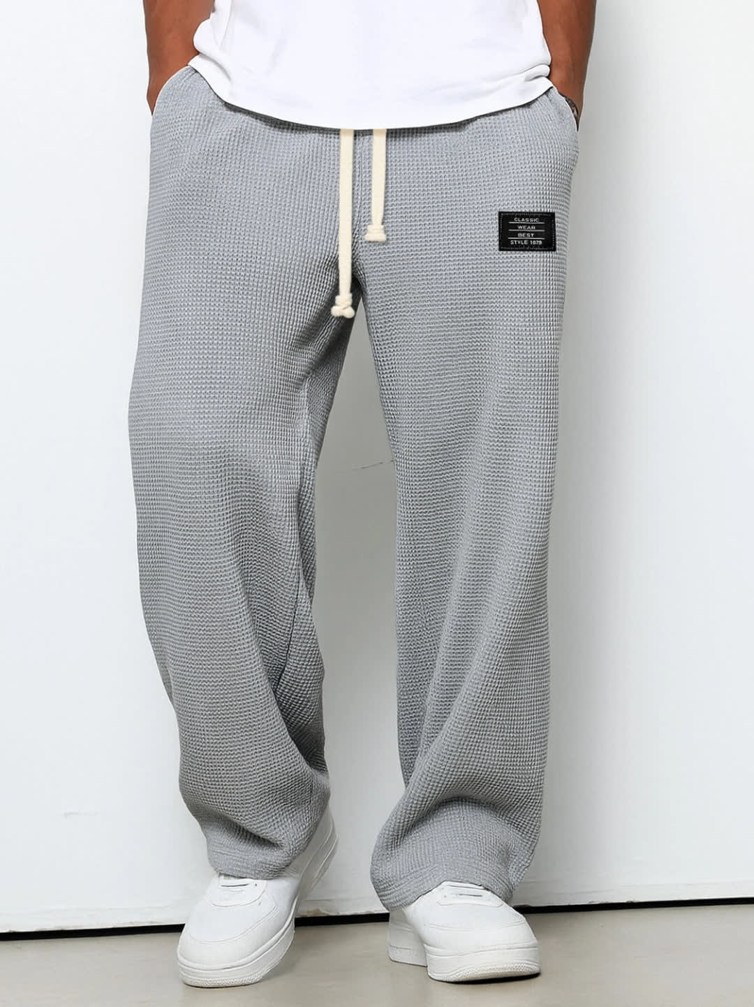 Men's Wide-Leg Drawstring Trousers with Waffle Texture - Warrick - Grey