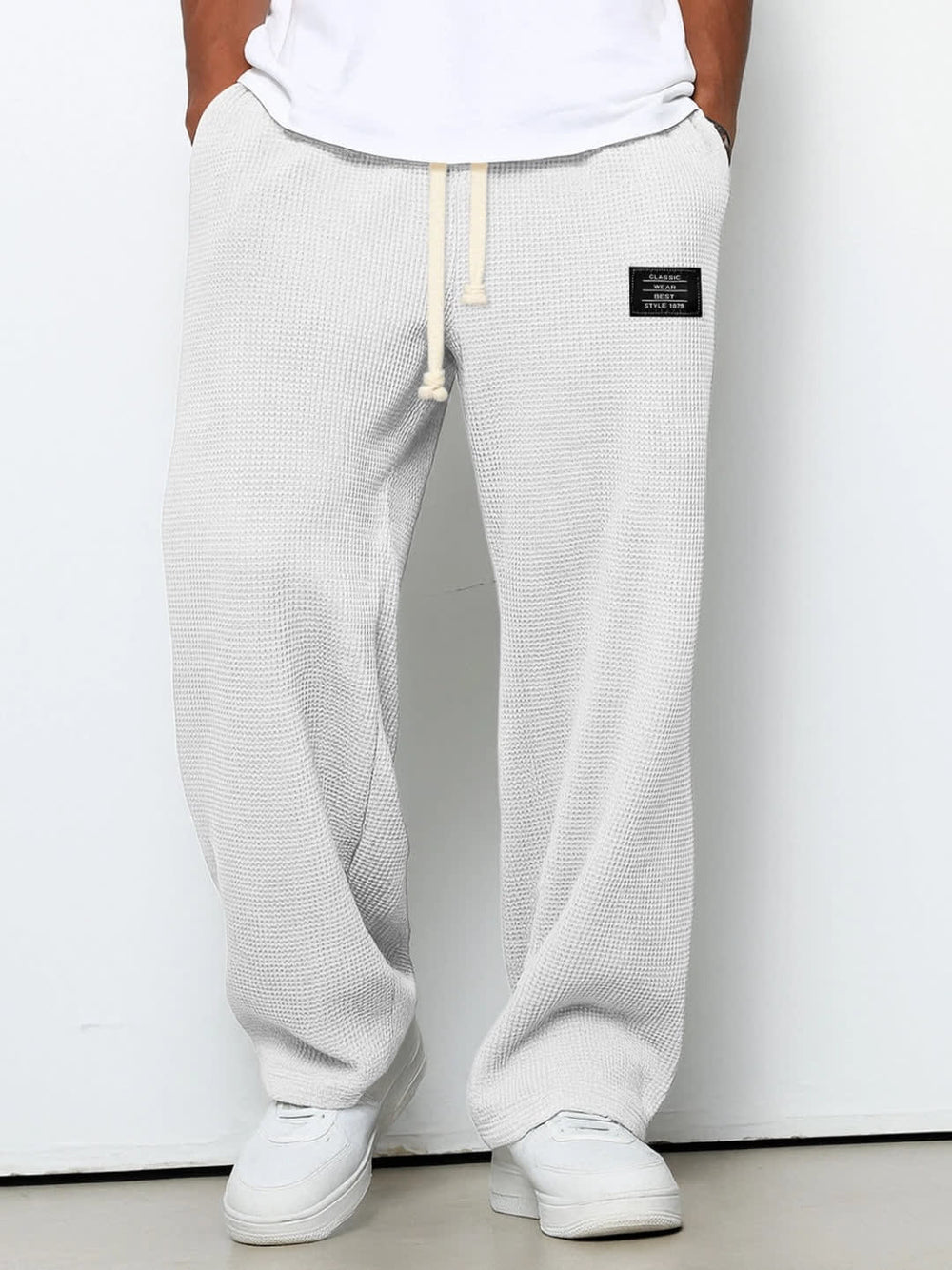 Men's Wide-Leg Drawstring Trousers with Waffle Texture - Warrick - Ivory