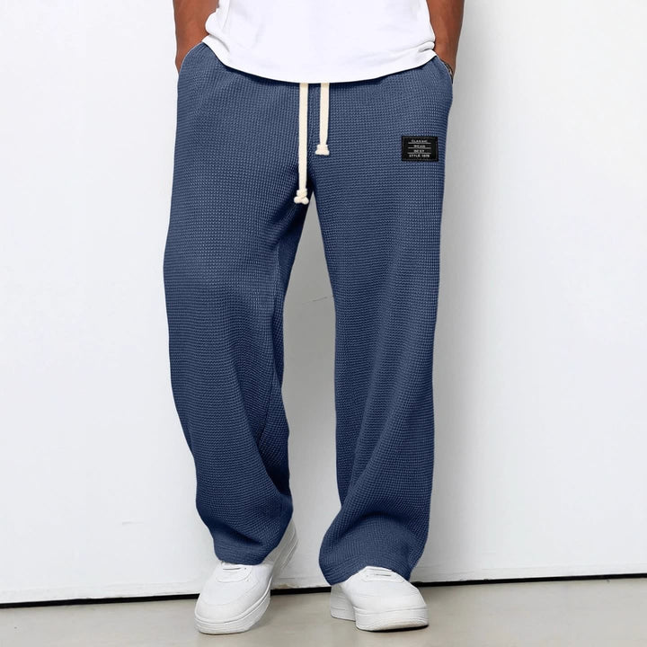 Men's Wide-Leg Drawstring Trousers with Waffle Texture - Warrick - Navy
