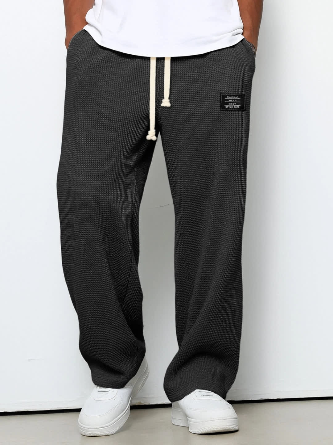 Men's Wide-Leg Drawstring Trousers with Waffle Texture - Warrick - Charcoal