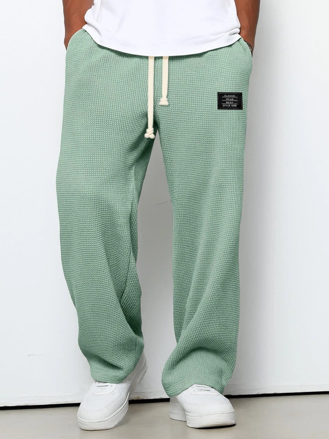 Men's Wide-Leg Drawstring Trousers with Waffle Texture - Warrick - Sage