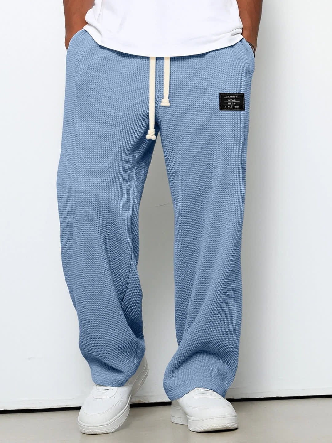 Men's Wide-Leg Drawstring Trousers with Waffle Texture - Warrick - Sky Blue