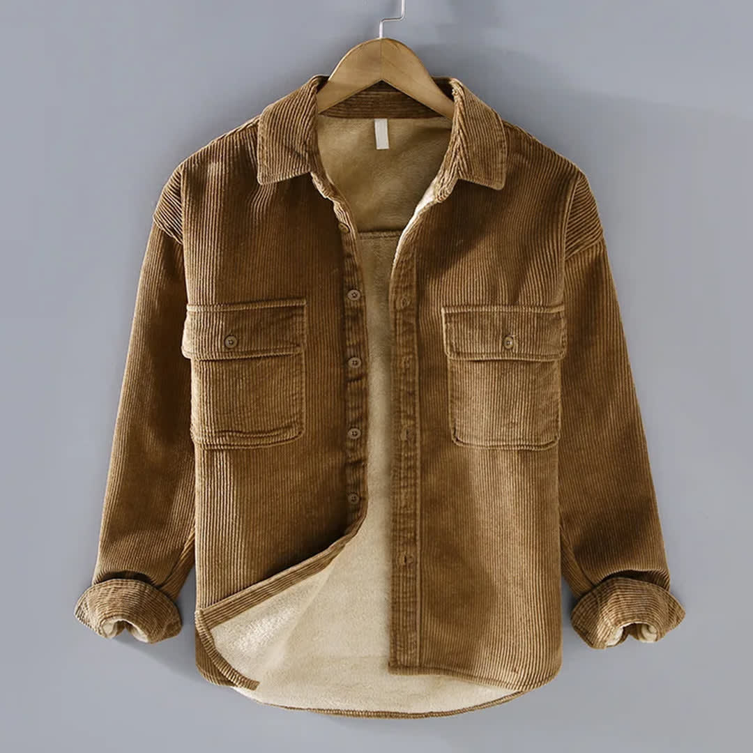Men's Lined Button-Up Shirt Jacket with Chest Flap Pockets and Spread Collar - Alaric - Tan