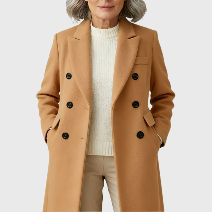 Women's Long Coat with Button Front, Notched Lapels and Flap Pockets - Allegra - Camel