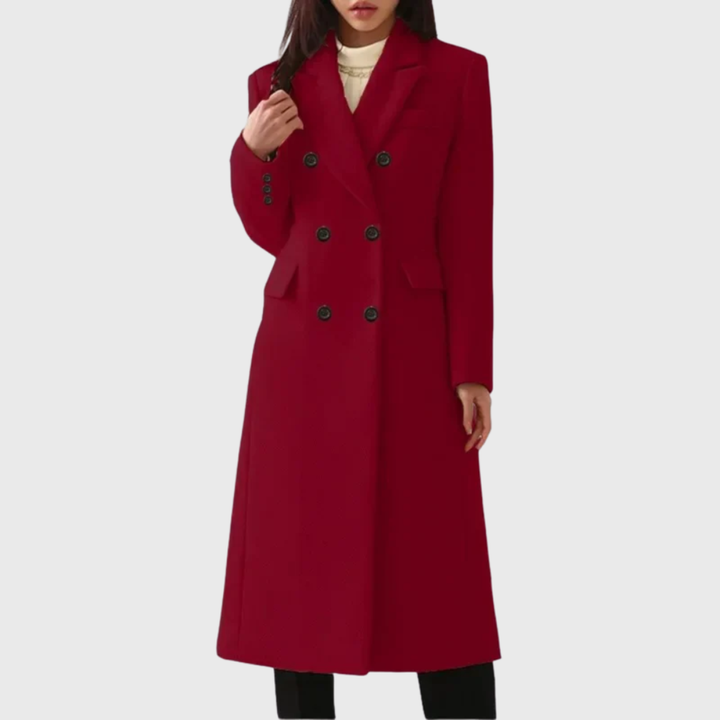 Women's Long Coat with Button Front, Notched Lapels and Flap Pockets - Allegra - Burgundy